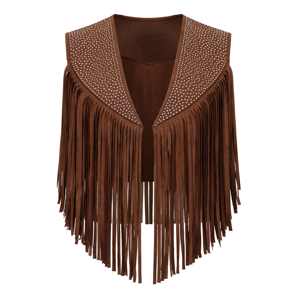 Women Cowgirl Costume Rhinestones Faux Suede Tassels Vest
