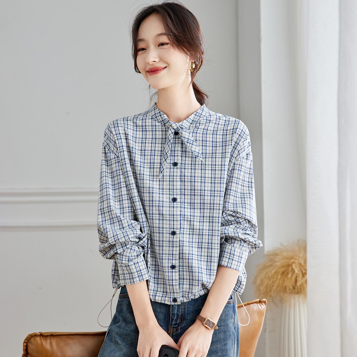 

Autumn 2025 Women s Plaid Long Sleeve Bow Tie Shirt XXL