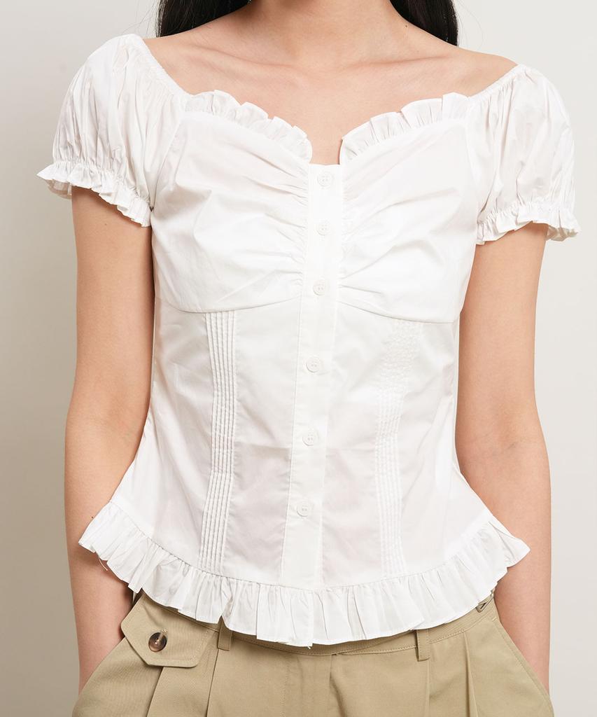 GENERALIDEA Cap Sleeve Heart Neck Shirred Blouse [White] / Wbe2L03530