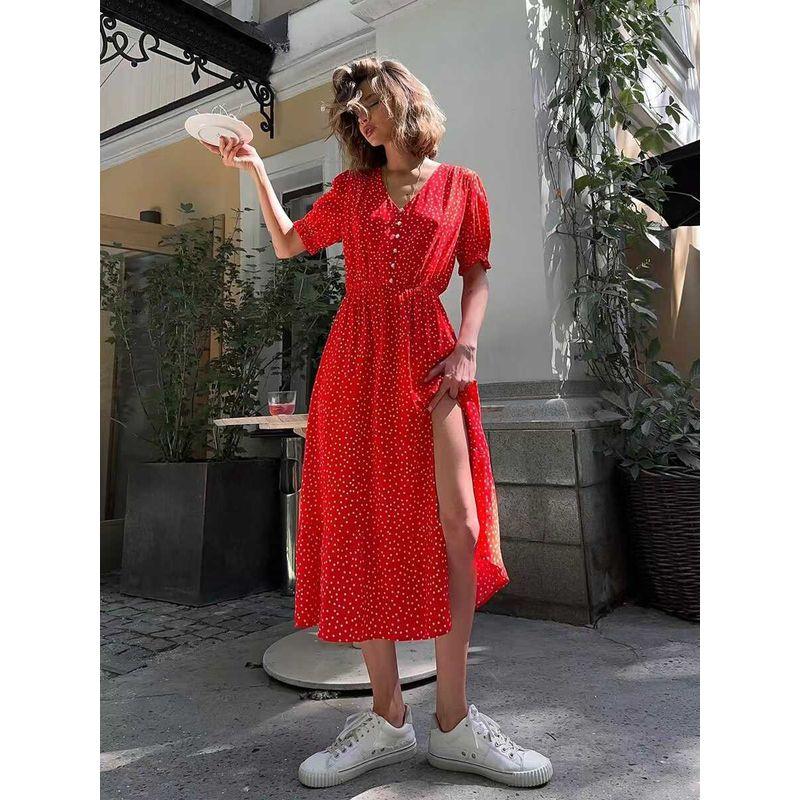 

Fashion Summer V Neck Waist Slit Red Short Sleeve Polka Dot Dress Polka Dot V-neck Dress Red L