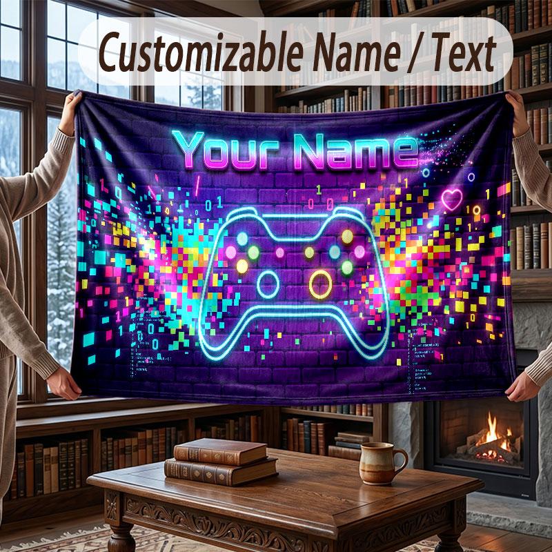 Game Controller Theme Throw Blanket Custom Name Text Personalized Blanket Soft Cozy Blanket for Home Sofa Bed