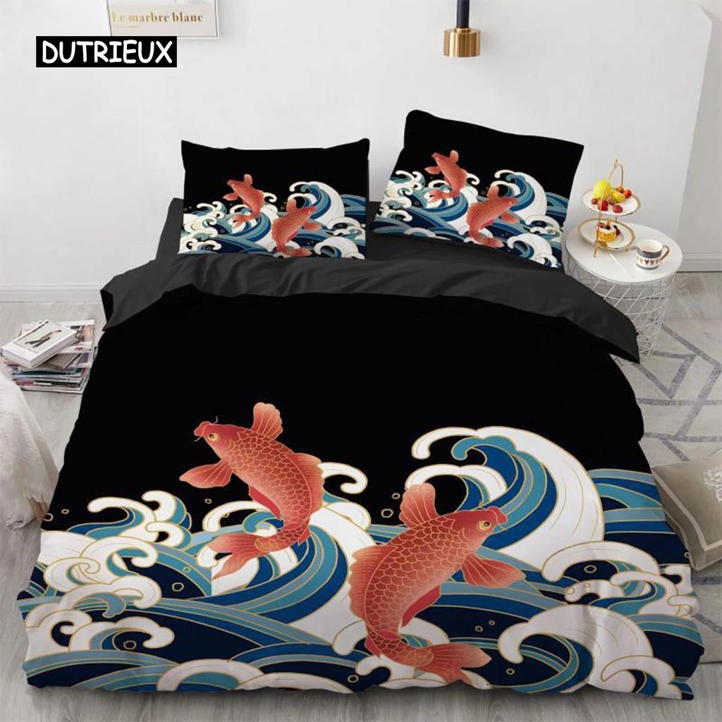 Wave Duvet Cover Set Hokusai Pattern Japanese Ukiyoe Quilt Cover Oriental Sketch Style Ocean Queen Twin Polyester Bedding Set