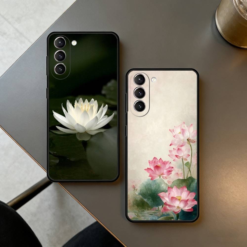 Smaragd Weißer Lotus Handyhülle Für Samsung S25,24,23,22,30,21,10,9,Ultra,Plus,Lite,FE,4,5 G Weiche Schwarze Hülle