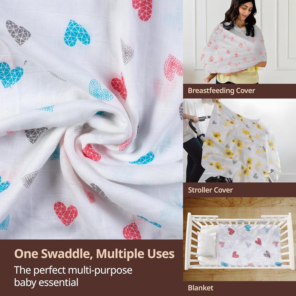 LuvLap 100% Cotton Muslin Baby Swaddle Set Pack Of 3, Soft Breathable Printed Baby Towel For Newborns, 120cm X 100cm Wrap