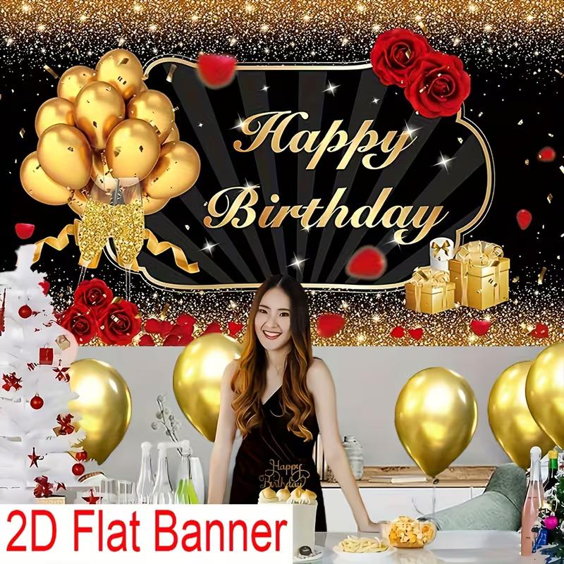 2D Happy Birthday Background Cloth Black Gold with Balloons & Gifts Banner