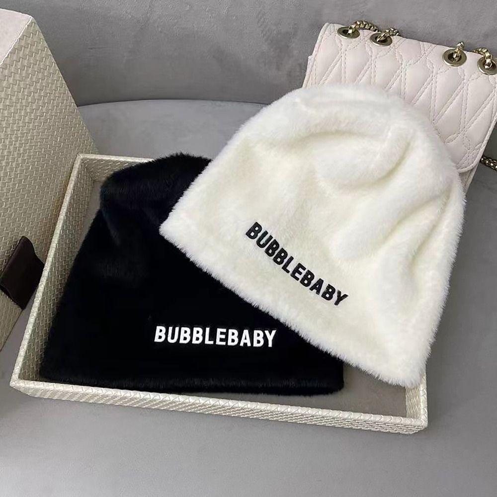 Soft INS Style Rabbited Fluffy Knit Cap Ear Protection Show Smaller Heaps Hat Letter Printing Thicken Beanie Women Girls Maiden