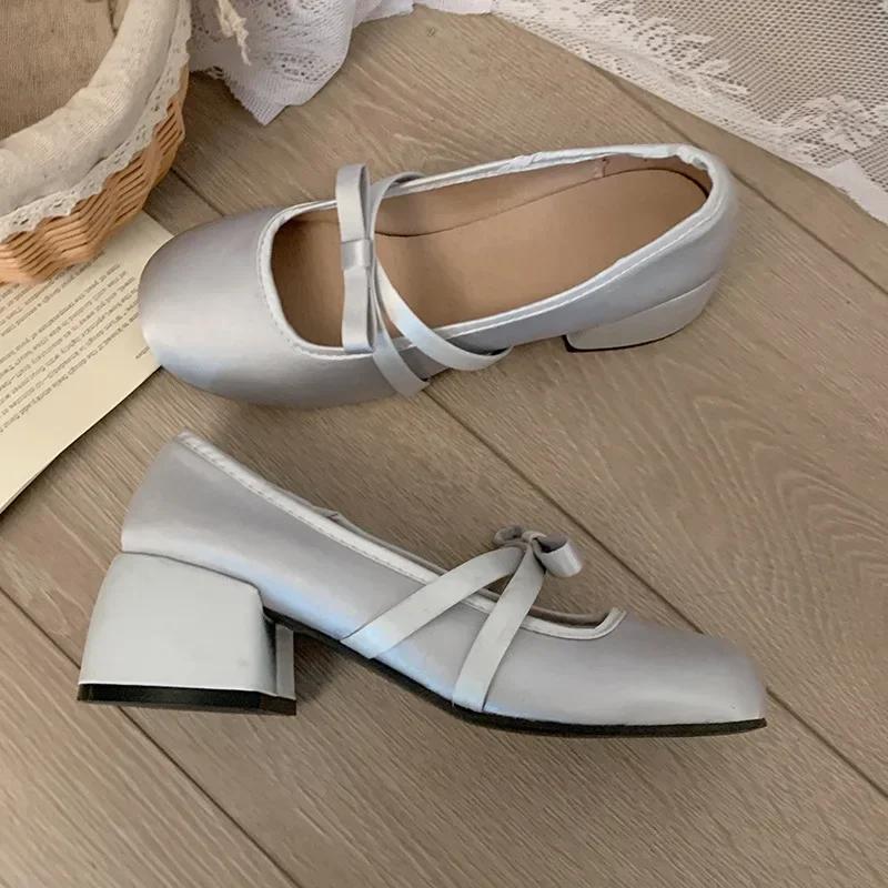 

Fashion Women Chunky Heel Shoes New Fashion Bowknot Strap Mid Heels Women Mary Jane Shoes Dress Shallow Mouth Ladies Ballet Shoes 40 серебряный