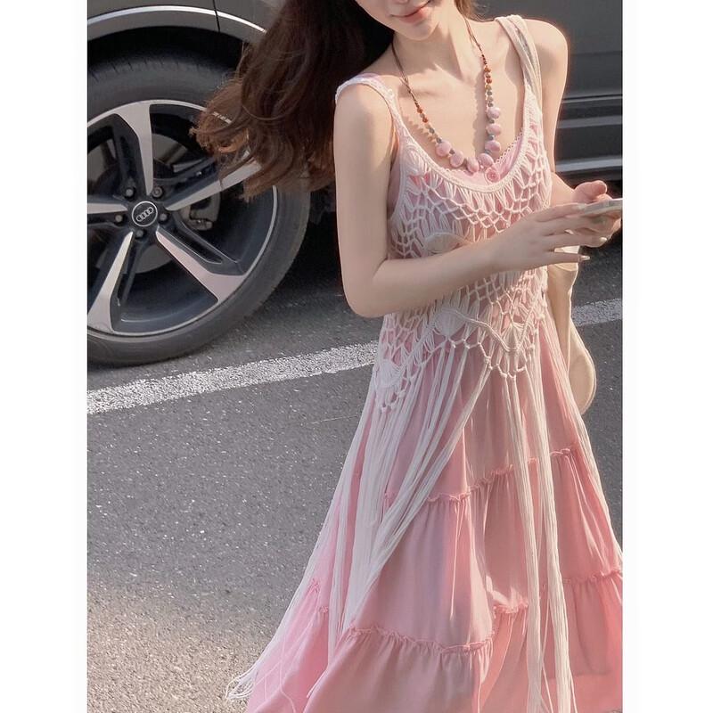 Women s Summer Crochet Tassel A-Line Sling Dress M розовый