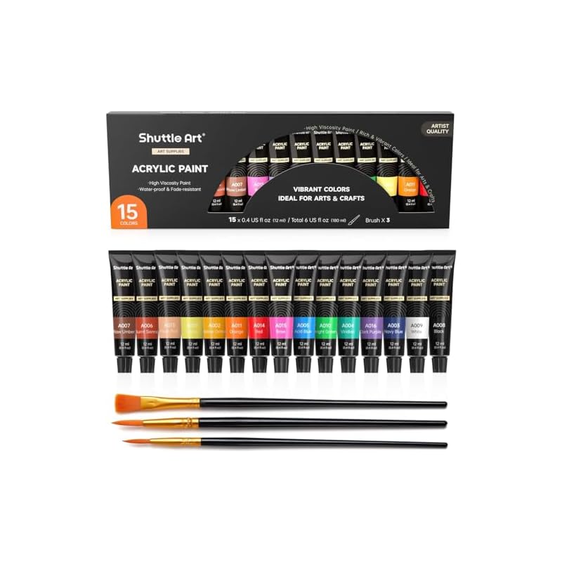 Shuttle Art Acrylic Paint Set, 15 Colors, Fast Drying, Durable, 12ml Tubes, for DIY Projects on Fabric, Stone, Glass, and Ceramics. Ideal for Kids,