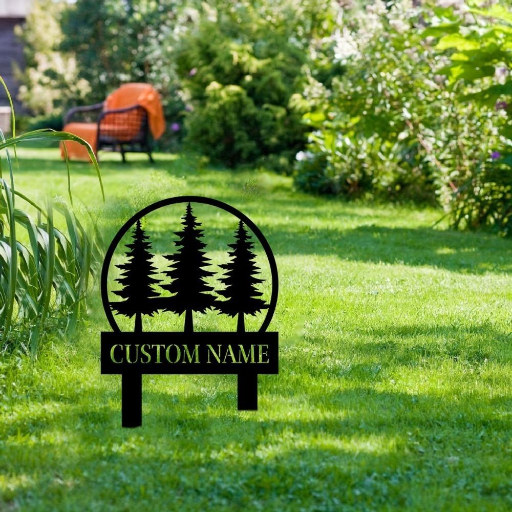 Metal Pine Tree Garden Stakes Outdoor Lawn Patio Decor Easy Install Yard Accent