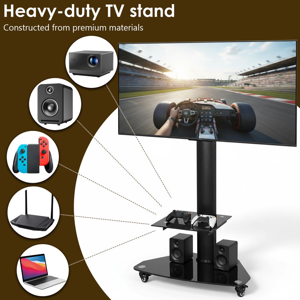 Heavy-Duty Rolling TV Stand for 37-70" Screens Supports 88 lbs, Stable Mobile TV Cart with Shelf Rolling TV Stand on Wheels