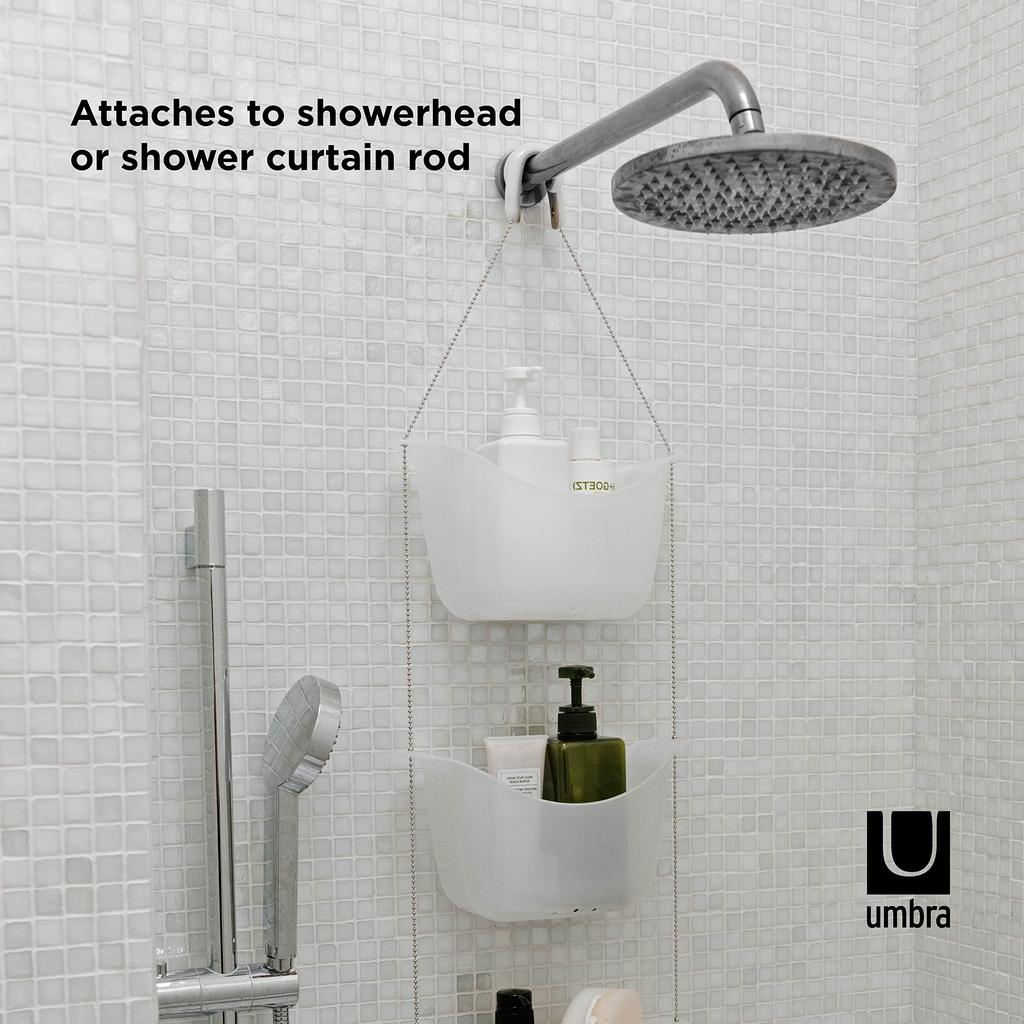 Umbra BASK SHOWER Hanging Shower No Drilling Bathroom 2022360670 CADDY, 3-Tier Rack, Required, Storage, Drainer, Clean, White/Nickel,