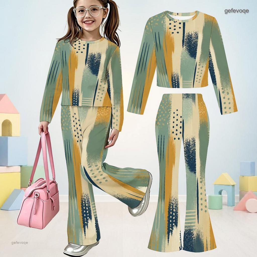 Girls Dark Blue Printed Round Neck Long Sleeve Crop Top Flared Pants Two Piece Set