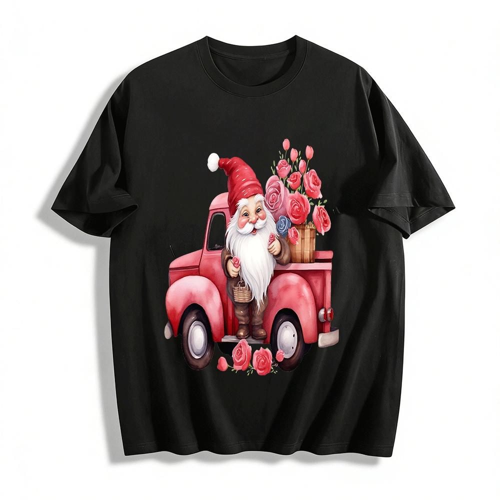 

Vintage Red Truck Rose Gnome Print Casual Top Pure cotton T-shirt XXS