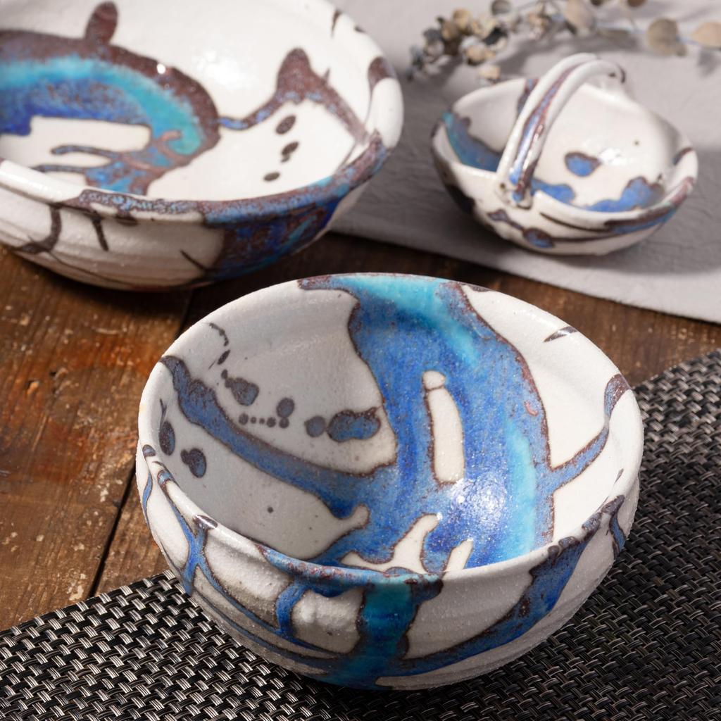 Marui Seito Shigaraki Ware Hechimon Bowl, Approx. 16cm Diameter, Glacier Blue, MR-3-4222