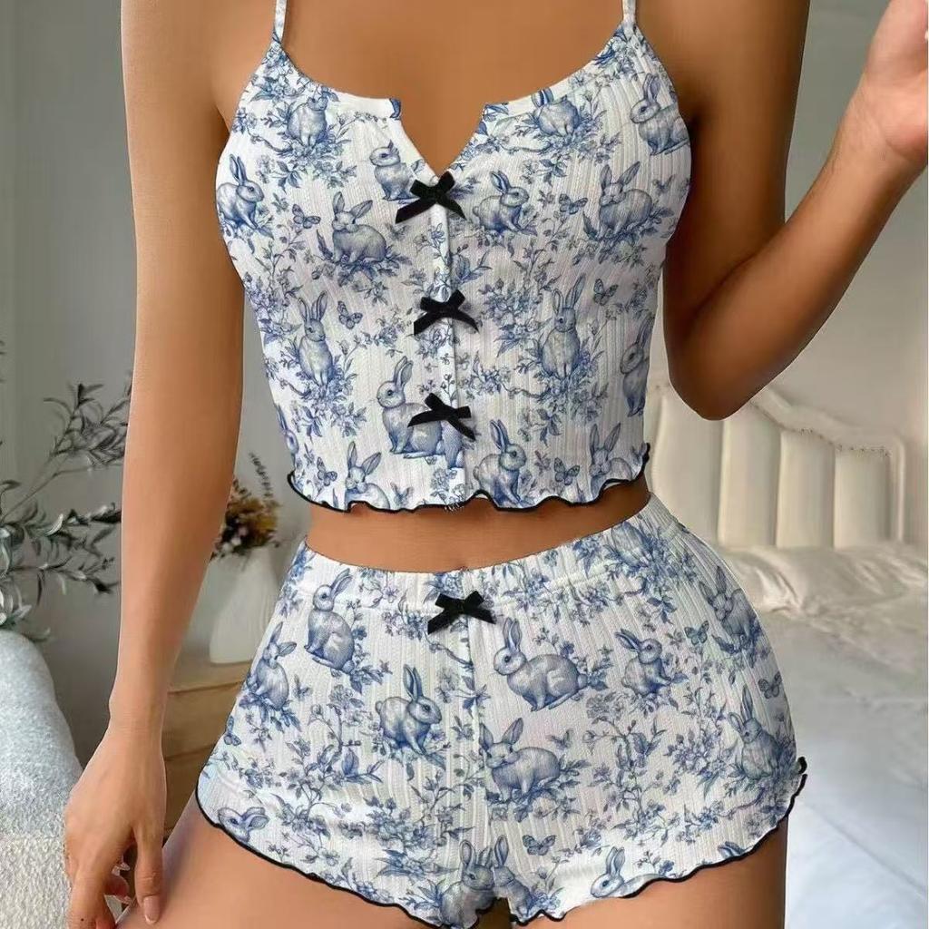 Heart-shaped printed home wear, pajama set for ladies, casual sleepwear