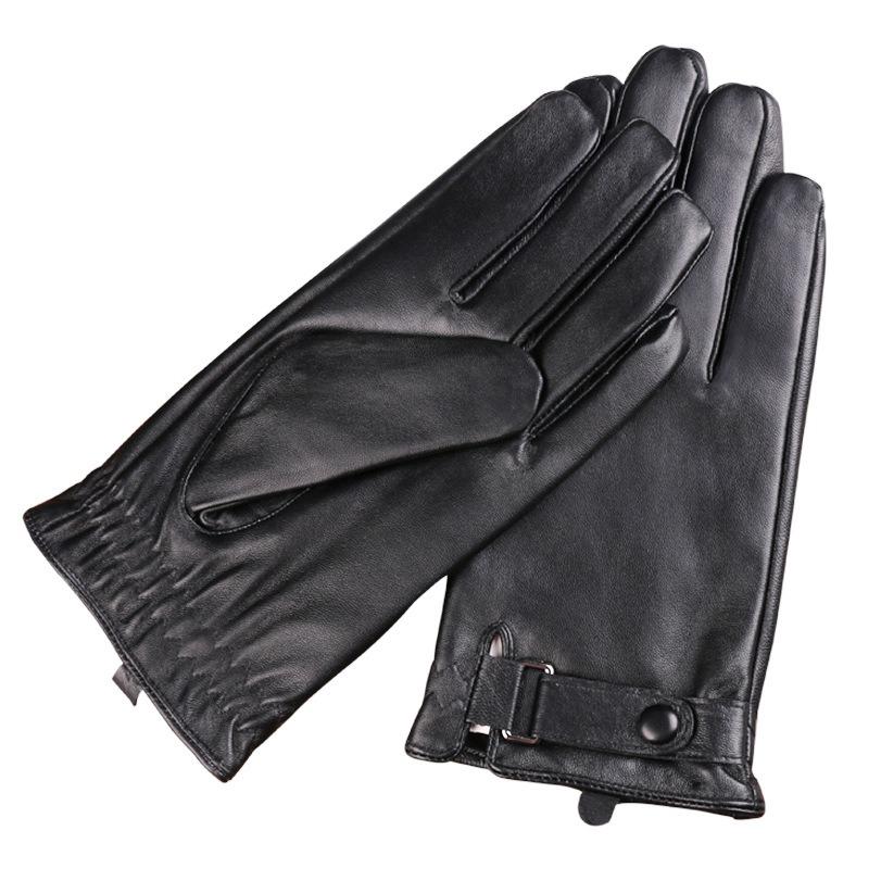 Autumn and Winter Sheepskin Thermal Gloves Simple Men's Velvet Thickened Cold Driving Outdoor Riding Touch Screen Leather Gloves