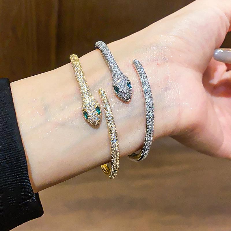 Elegant Retro Zirconia Snake Gold-Plated Open Bangle for Women