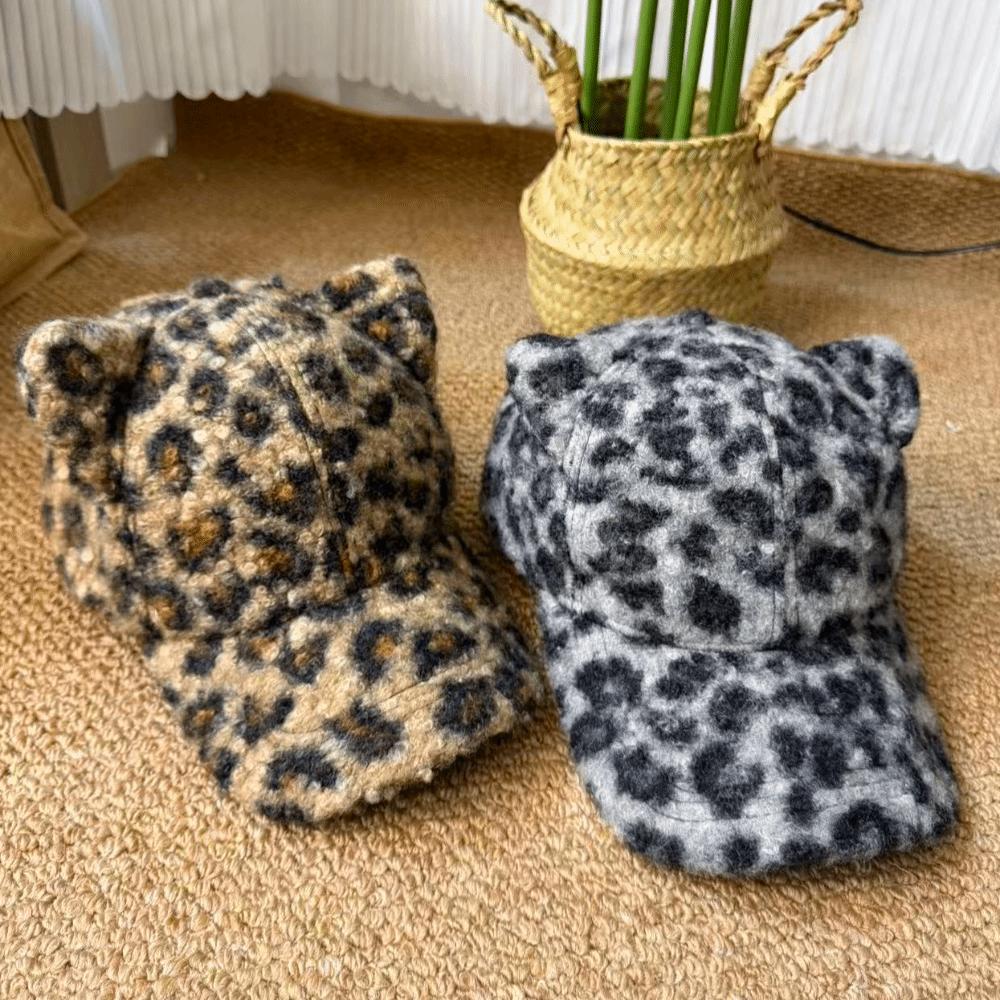 with Ears Baseball Cap Leopard Print Duckbill Cap Fashion Cat Ears Baseball Cap Winter