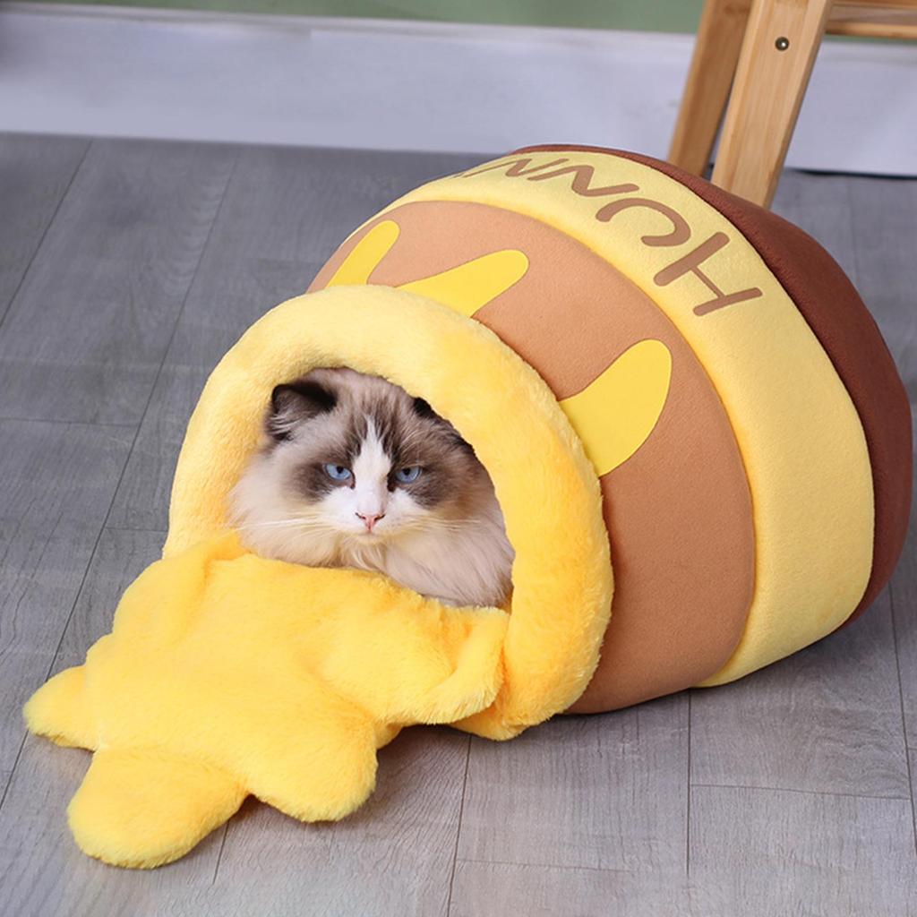 Honey Pot Pet Cat Bed Removable and Washable Cushion Cave Warm Kitten Bed Small Dog Cave Bed Kennel Soft Cartoon House Nest