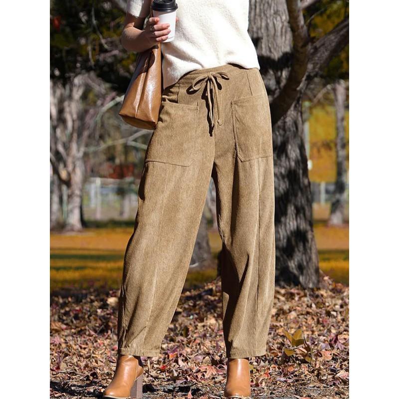Womens Winter Corduroy Harem Pants Loose Wide Leg Casual Slimming Trousers Mid-Waist 9/10 Length With Drawstring Pocket