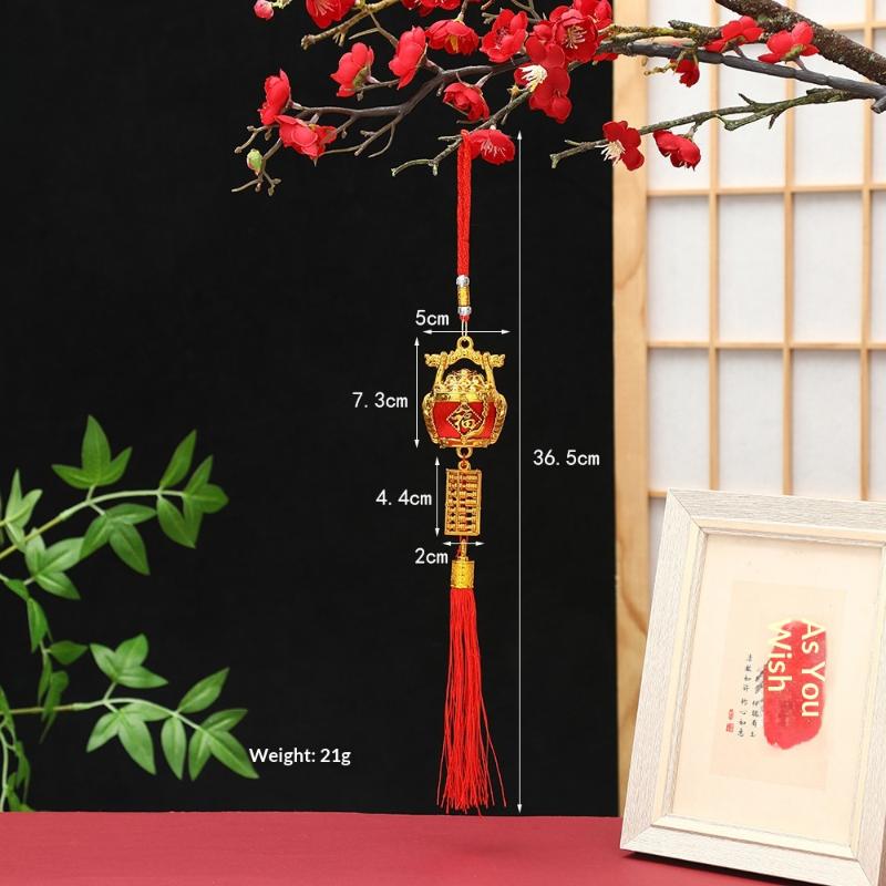Lunar New Year Lucky Hanging Ornament with Red Tassel Golden Charm Festive Portable Decor for Travel Hotel Room Spring Festival