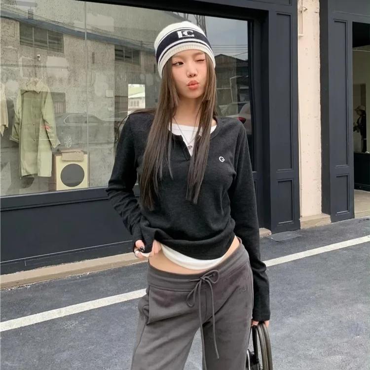 Long Sleeves Korean Fashion Style O-neck Tshirt for Women Fake Two Items T-shirts Ladies Top Tee Clothes