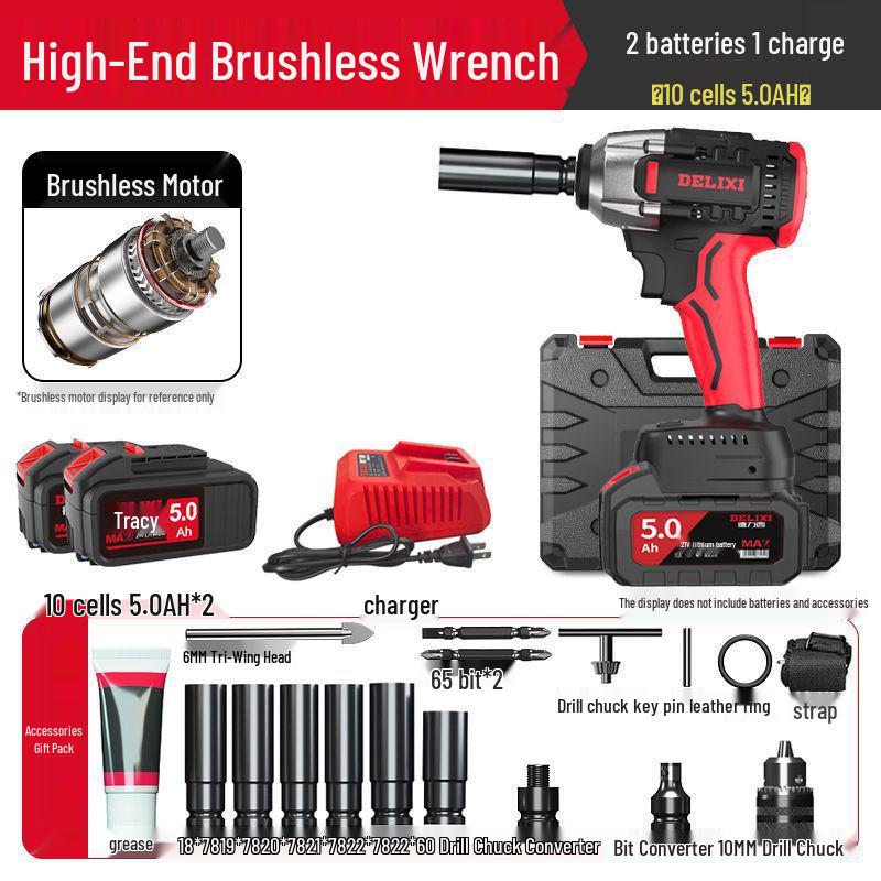 Delixi High Torque Brushless Impact Wrench - Electric Air Wrench with Lithium Battery & Charging Board for Auto Repair.