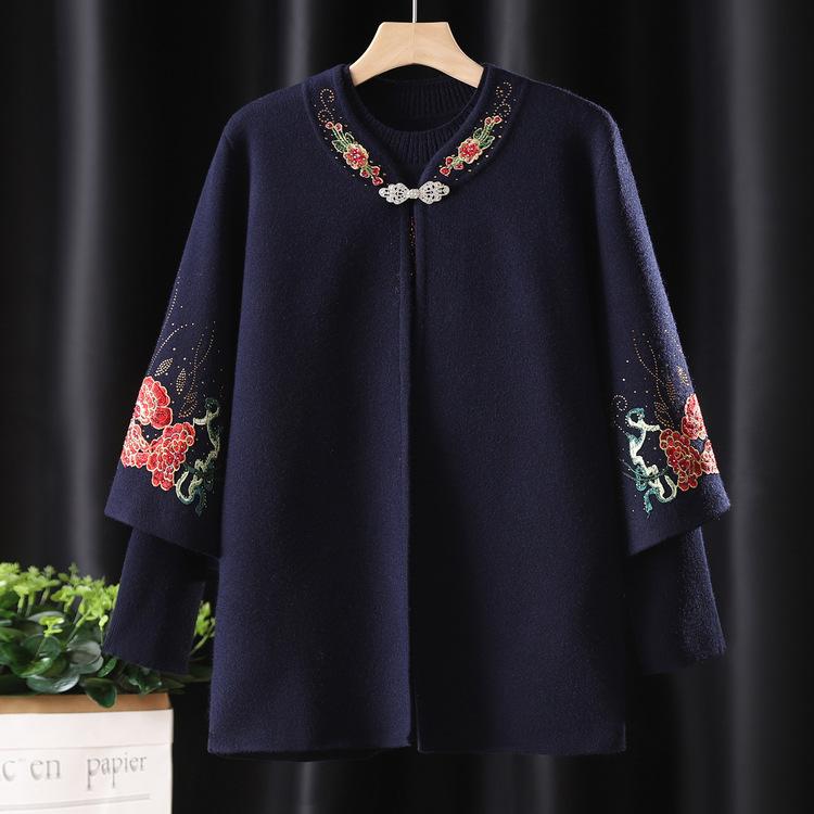 Mamčin nový pletený kardigan, vyšívaný svetr-kabát pro ženy středního a staršího věku, jarní a podzimní kabát, dvoudílný oblek