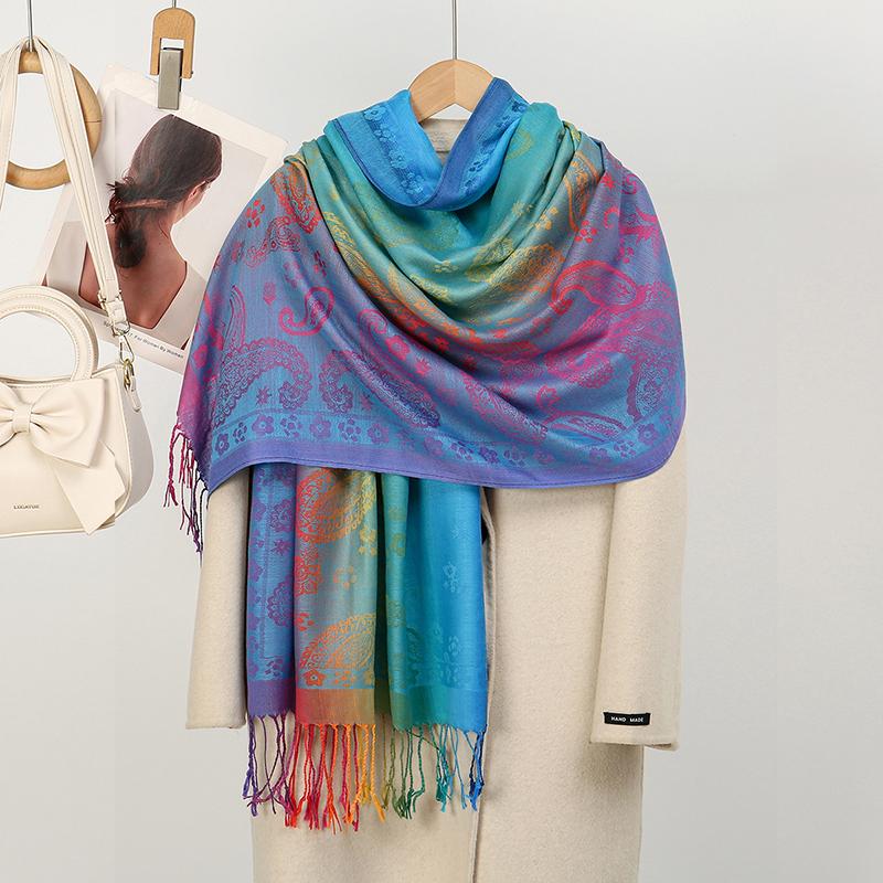 Women Winter Elegant Jacquard Pashmina Imitation Cashmere Scarf Lady Rainbow Color Shawl Thick Warm Wrap Coldproof Blanket Scarf