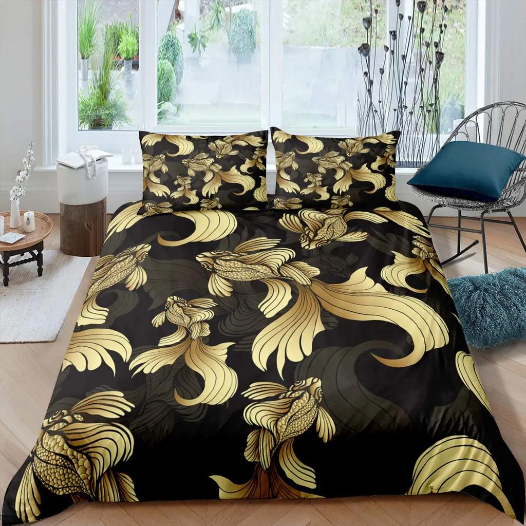 Japanese Duvet Cover Koi Carp Couple Swimming Cherry Blossom Branch Culture Design For Bedroom Decorative Orange Grey Women Men