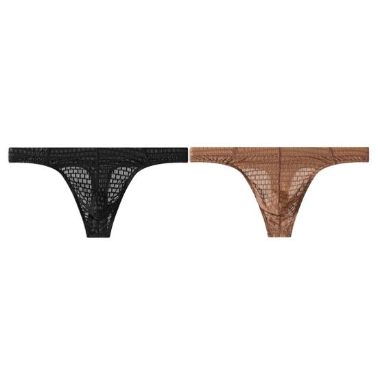2Pcs Men Briefs Thin Perspective Mesh Yarn Sexy Low-Waisted Seamless Panties Breathable Embossed Fabric Underwear Daily Wear