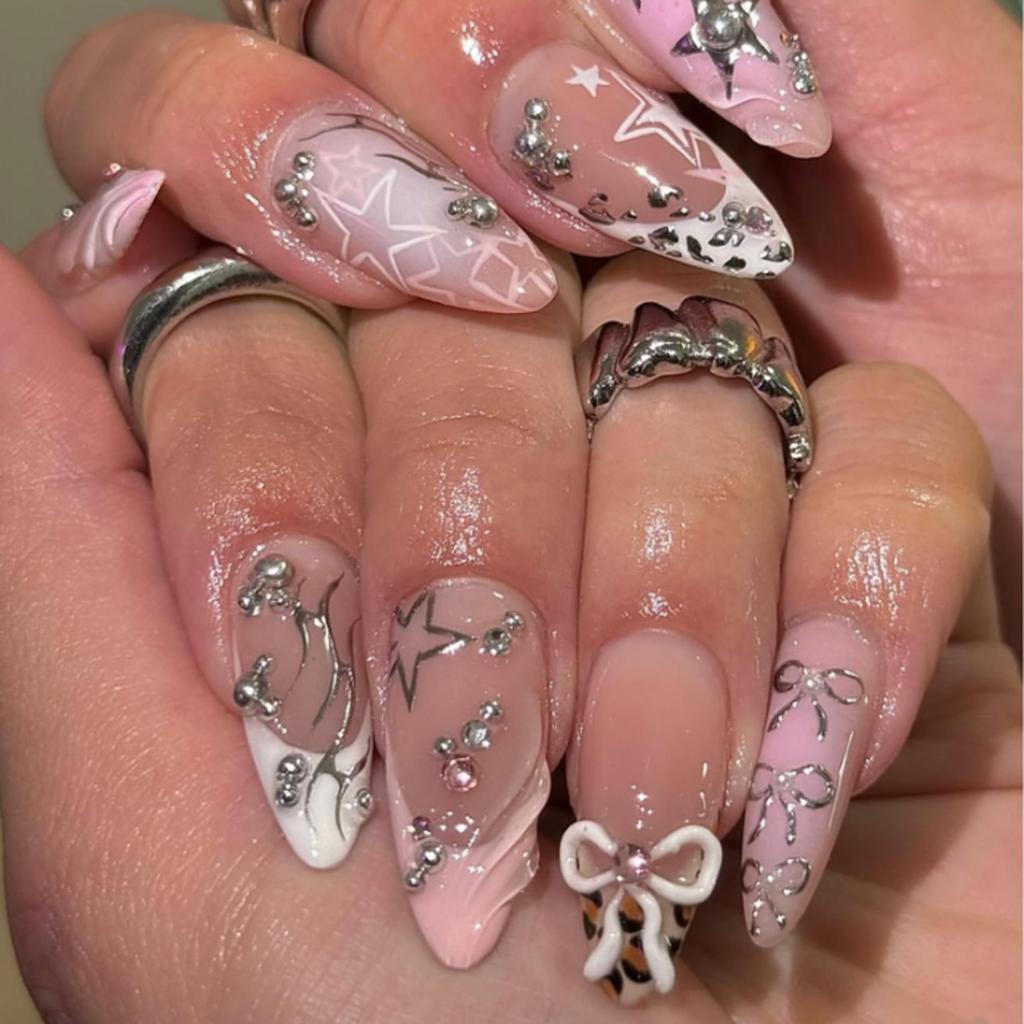 24Pcs French Almond False Nails Pink Stiletto Press On Nails With White Edge Design And Glue Simple Wearable Nail Tips
