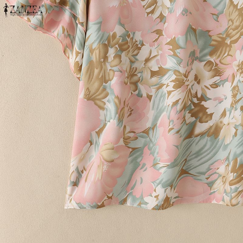 ZANZEA Women Casual Round Neck Floral Print Loose Ruffles Short Sleeve Blouse