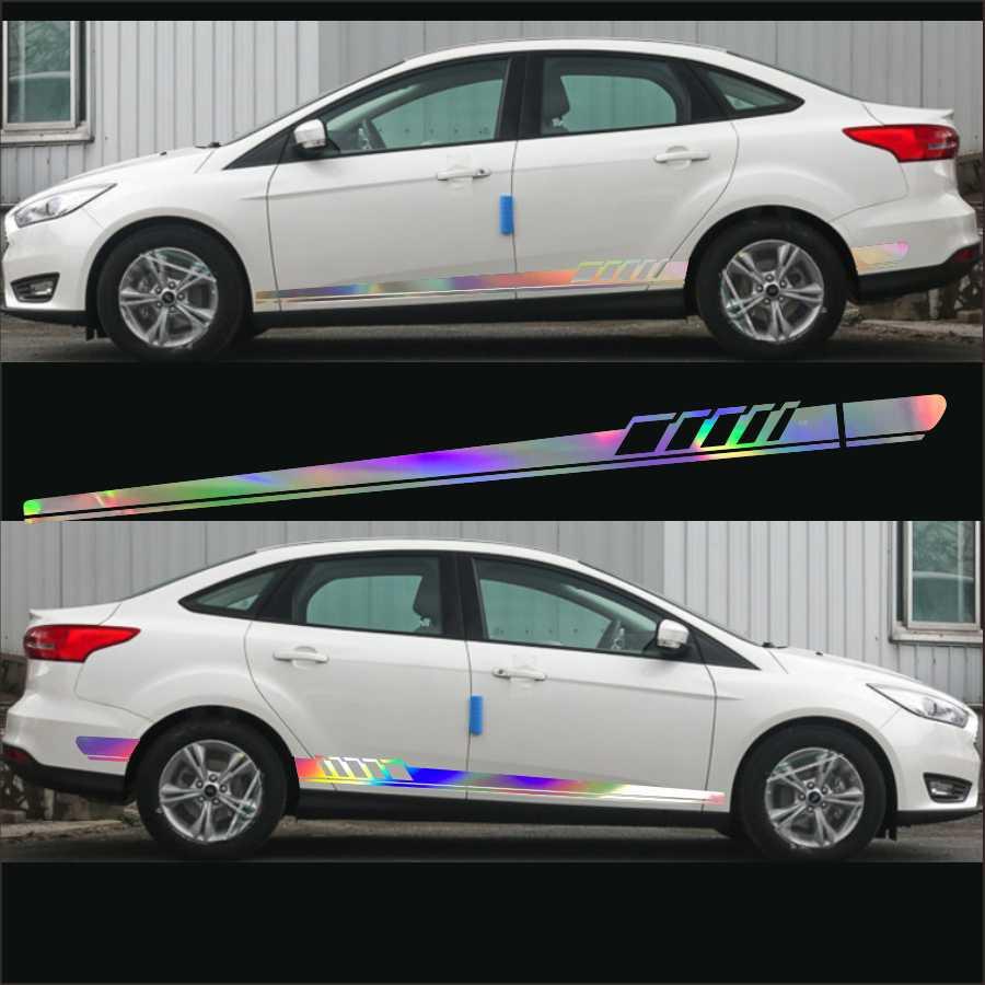 2Pcs Laser Reflective Car Auto Graphics Both Side Body Vinyl Decal Sticker Sports Racing Race Car Long Stripe Decals