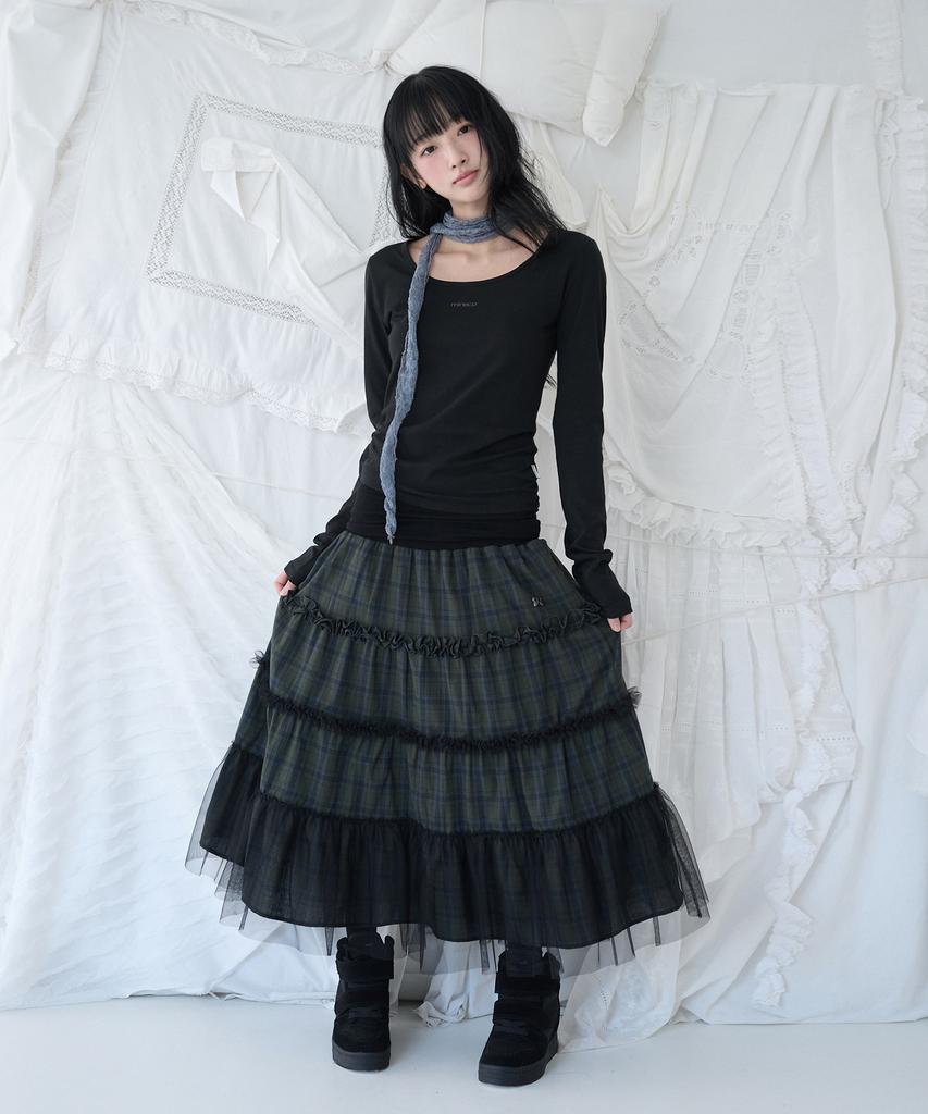 Mileko Folded Check Frill Mesh Sk Khaki