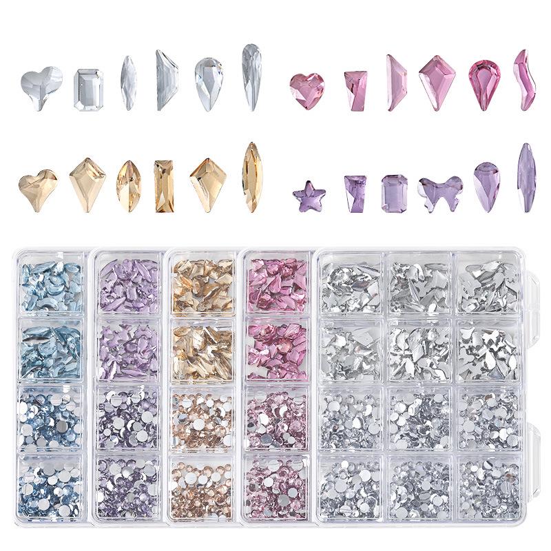 Nail Art Irregular Resin & Colored Rhinestones Set - Flatback, 12 Grids of Mixed Clear Diamonds
