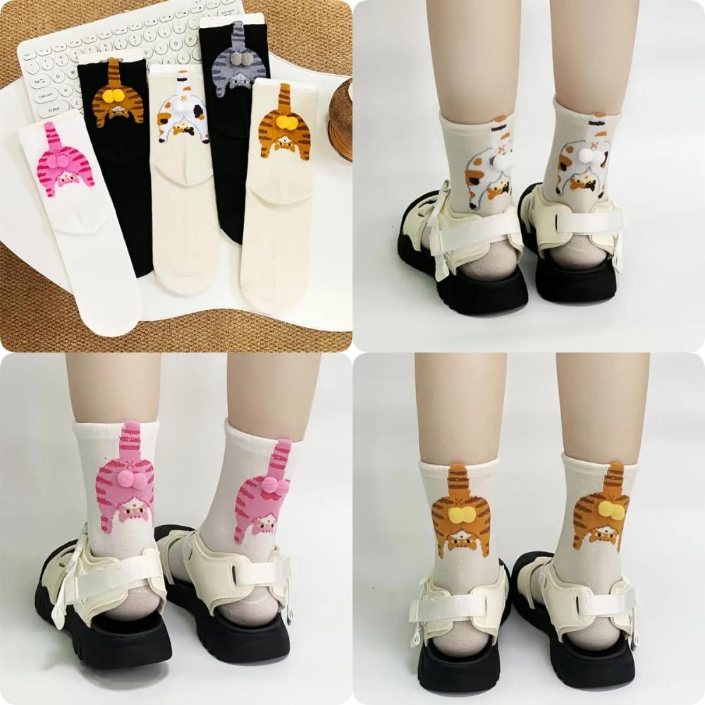 5 Pairs 3D Paws Cat Socks with Jingle Bell Collar & Fluffy Tail - Thick Thermal Winter Knee-High/Ankle Socks