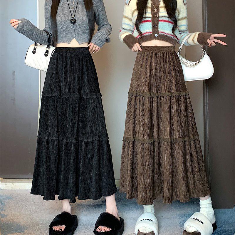 Women's Spring/Summer Lace Corduroy Pleated Midi Skirt