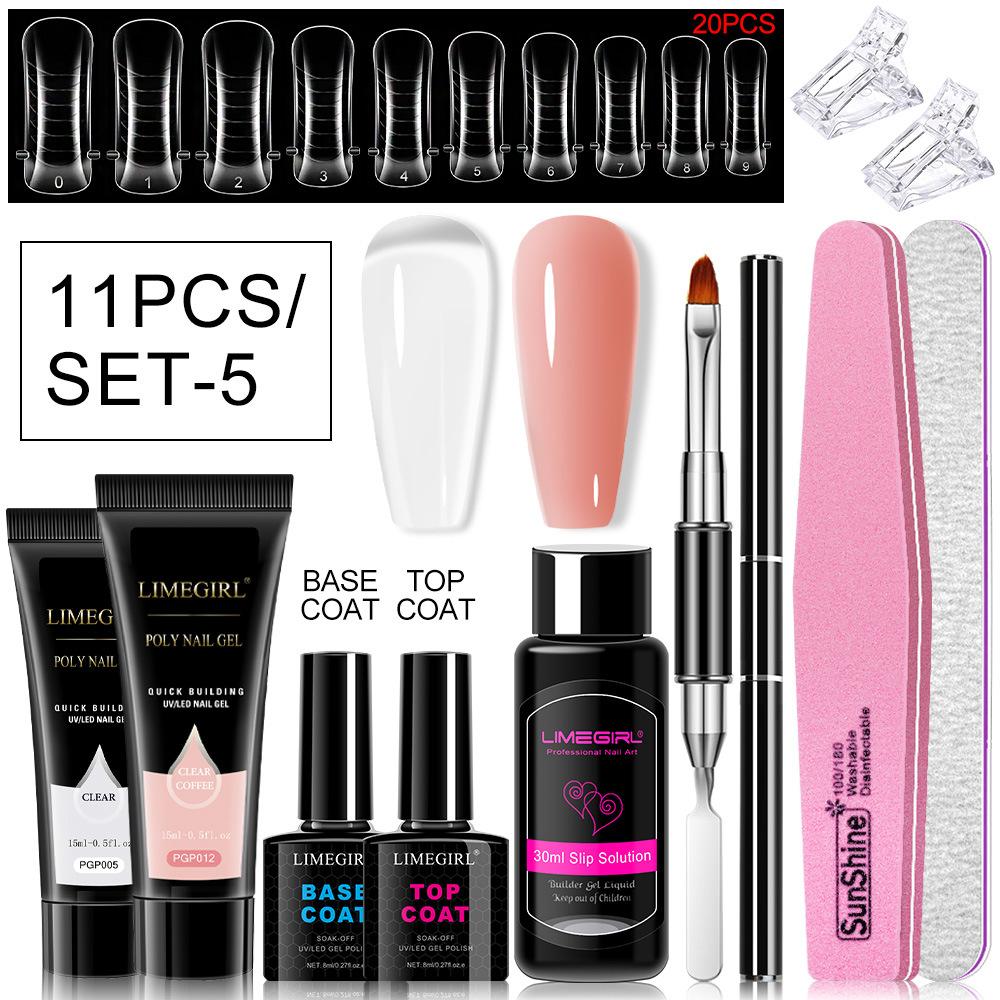 11Pcs Nail Extension Gel Kit - Clear/Nude Polygel Resin for Nail Extension, Acrylic Liquid, U-Shape Nail Forms, Brush, Nail Art Tool Set