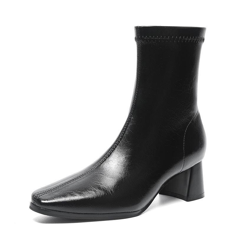 High-heeled Short Boots Women's Spring and Autumn Single Boots 2024 New Women's Boots Medium Tube Thin Pointed Fashion Boots Thick-heeled Leather Boo