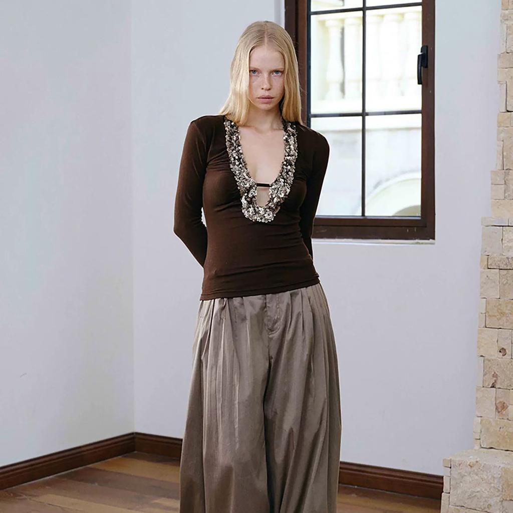 Vintage Patchwork Sequin T-shirt Long Sleeve Sexy Slim Coffee 2000s Clothes Y2k Autumn Tops Tees Female Clothing T Shirt