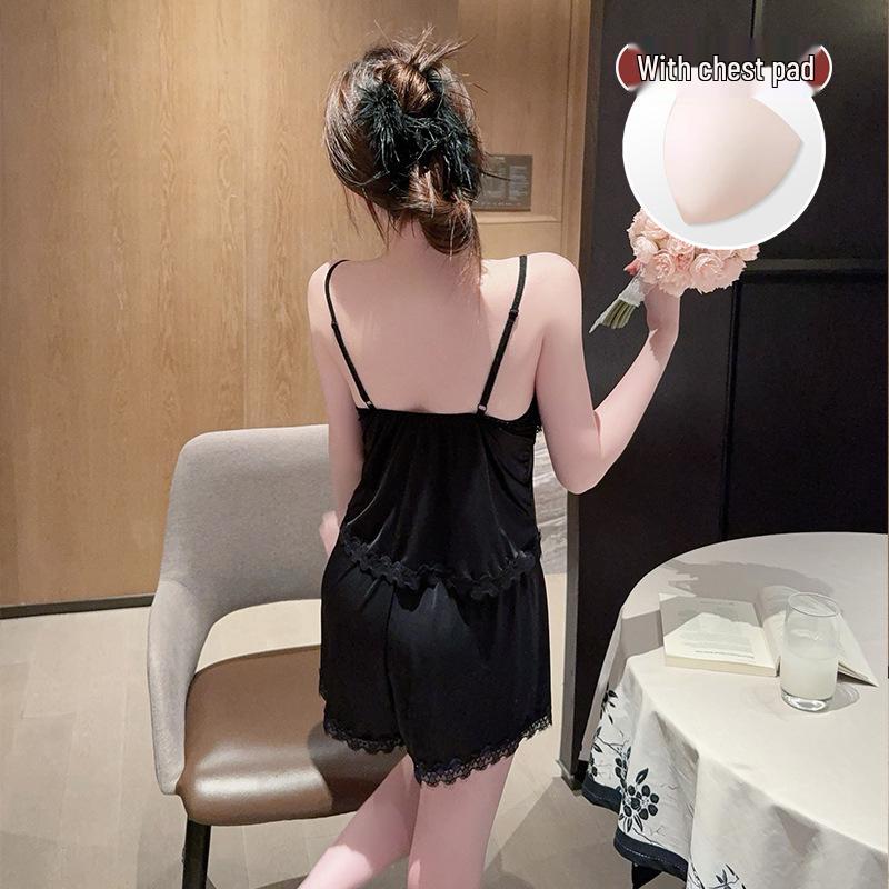 Women's Black Lace Trim Sexy Camisole & Shorts Pajama Set with Chest Pads - Summer New Arrivals