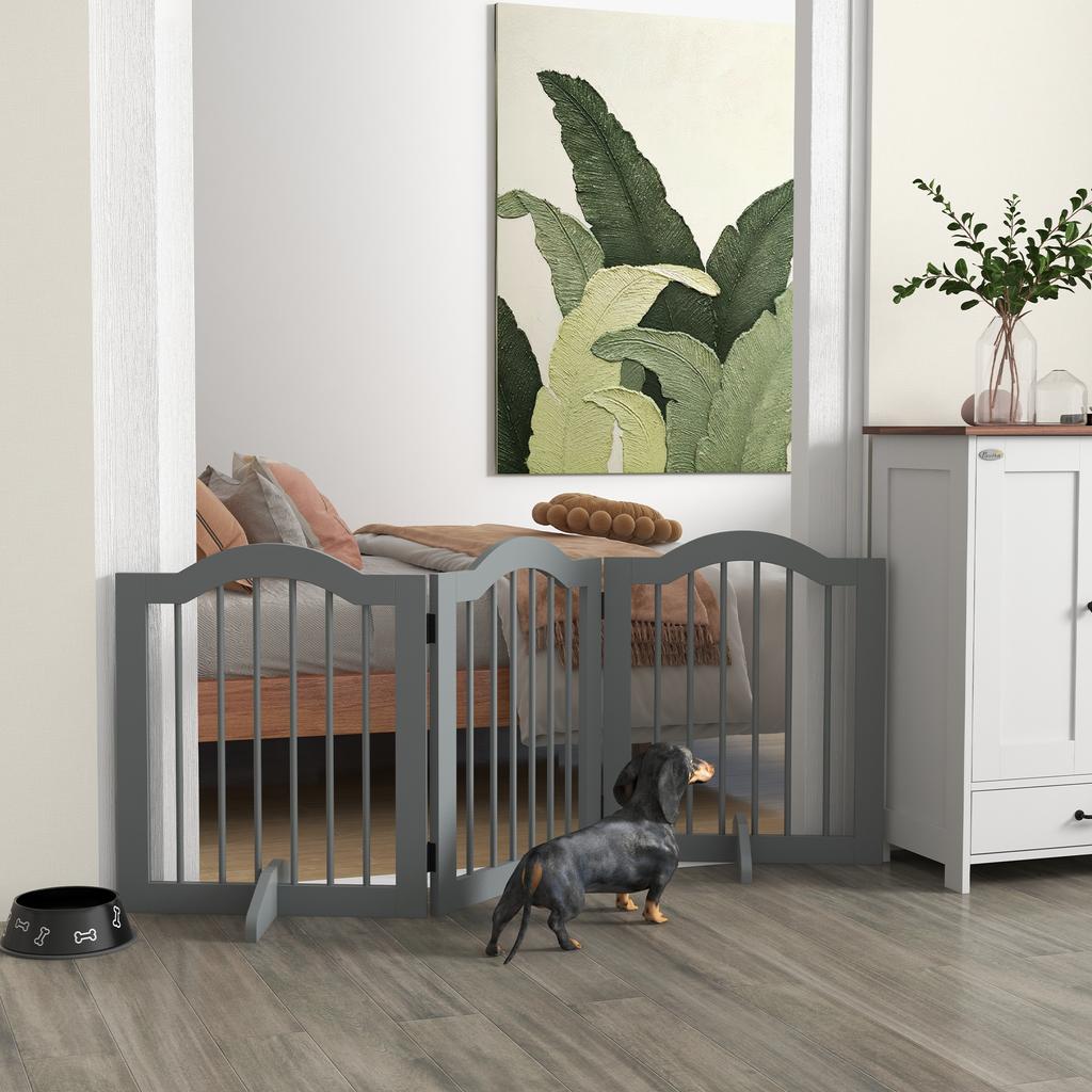 3 Panels Dog Gate W/ Support Feet Fence Safety Barrier Freestanding Wood Light Grey