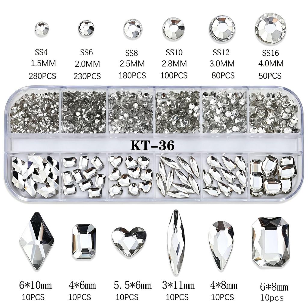 Mixed Color Flat Back Rhinestone Nail Art Kit with 12 Grids - Heart, Water Drop, and Rhombus Shapes.