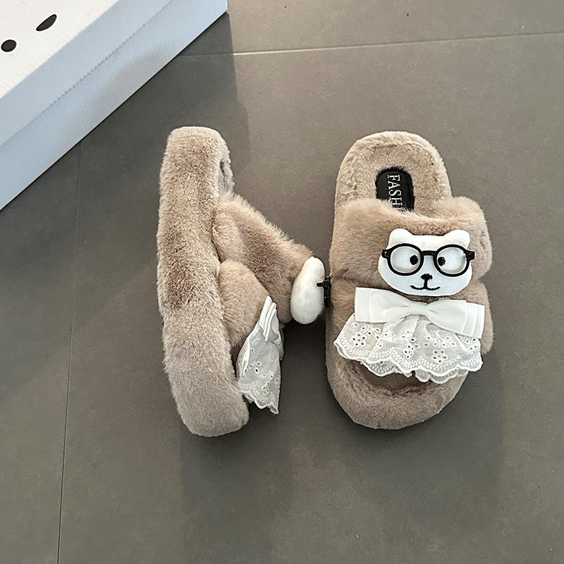 Niche cute cartoon fluffy shoes for women's autumn and winter new thick-soled outer wear warm and height-increasing cotton slippers