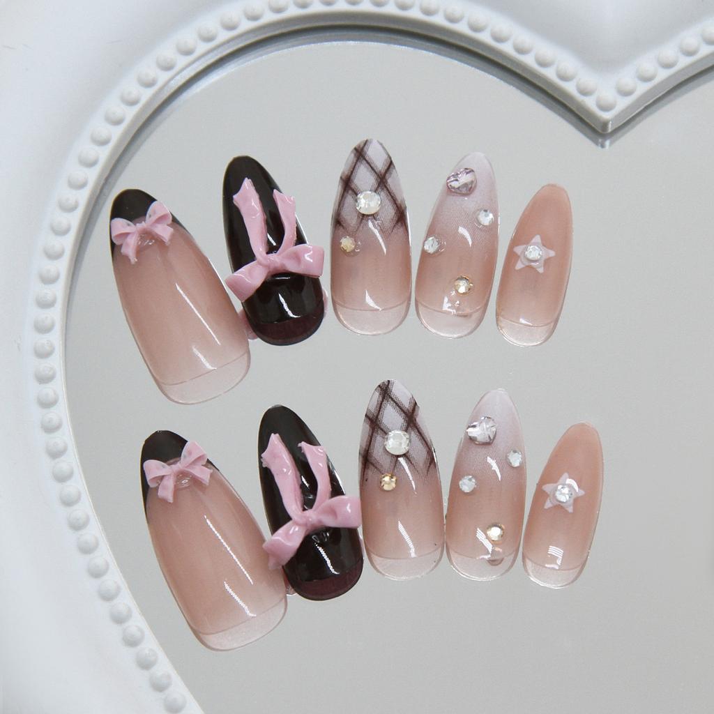 Z1341 Starry Dots Bow Plaid Glue On Nails Medium Almond Sweet Ins For Ladies Non Special Cosmetics