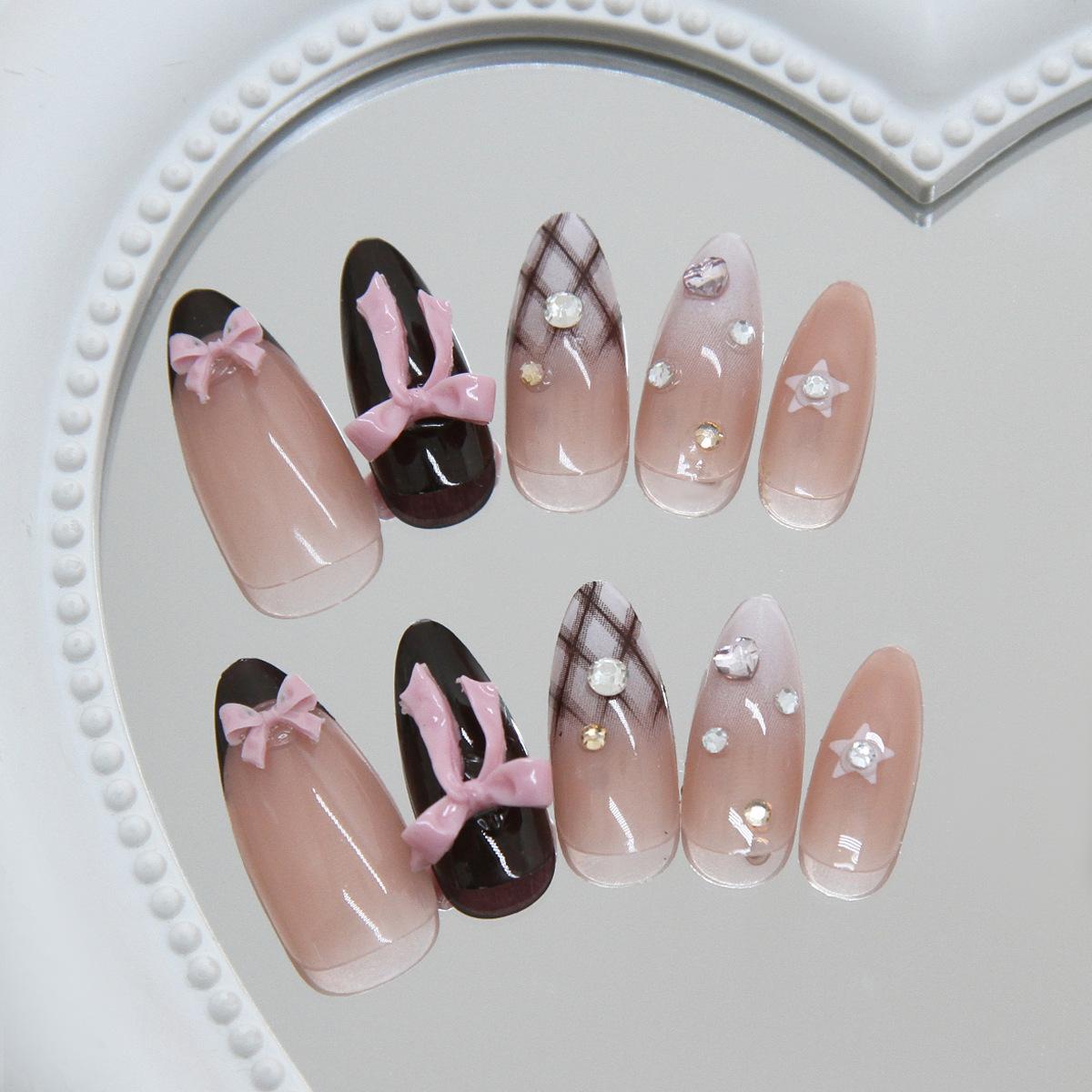Z1341 Starry Dots Bow Plaid Glue On Nails Medium Almond Sweet Ins For Ladies Non Special Cosmetics