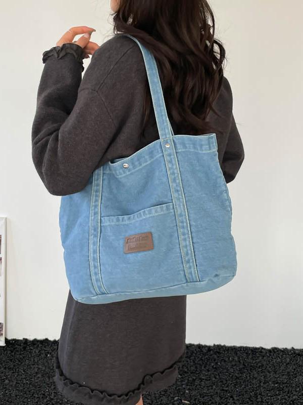 2026 Trendy Large Capacity Denim Tote Bag - Casual and Fashionable Shoulder Bag for Work and Commute