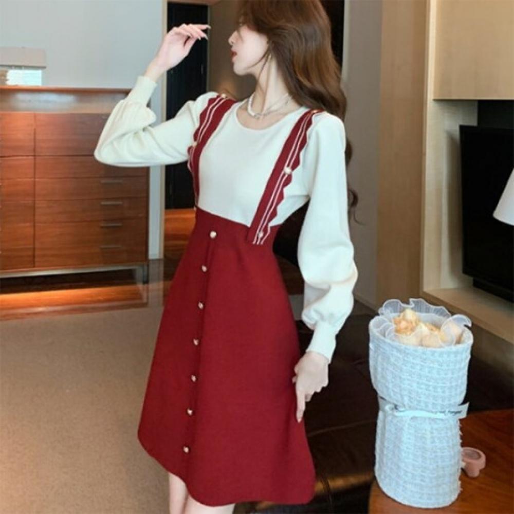 New Arrivals Open Run Suspender Two Tone Layered High Waist Long Sleeve Dress